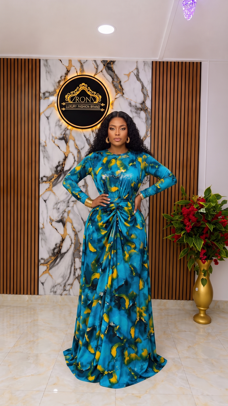 Model wearing a stunning blue and green mesh two piece set UK, showcasing its chic long-sleeve design and elegant silhouette.